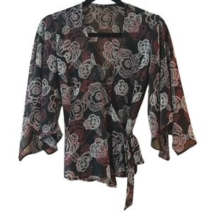 New York & Company Y2K Rose Floral Wrap Blouse Flow Sleeves Sheer Womens Small